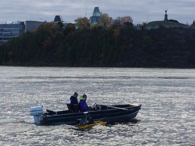 Headed out for a chilly day of bathymetry work below the Chaudiere Falls complex. Here, the aDcp is attached beside the boat.