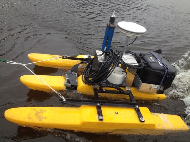 The aDcp unit getting the job done! The unit gets pulled around beside the boat while recording.