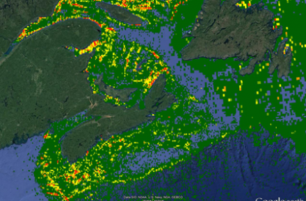 An image of the density of some fisheries in Atlantic Canada during 2012 (green = low density; red = high density).