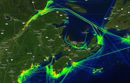 An image of the density of ship traffic in Atlantic Canada in 2015 (green = low density; red = high density). From Marinetraffic.com 