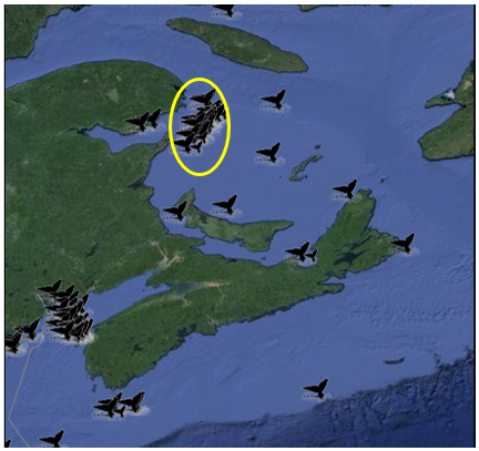 Carte des points d’observation des baleines noires de l’Atlantique Nord de la NOAA dans les Maritimes canadiennes montrant des observations confirmées de baleines noires en août 2016.