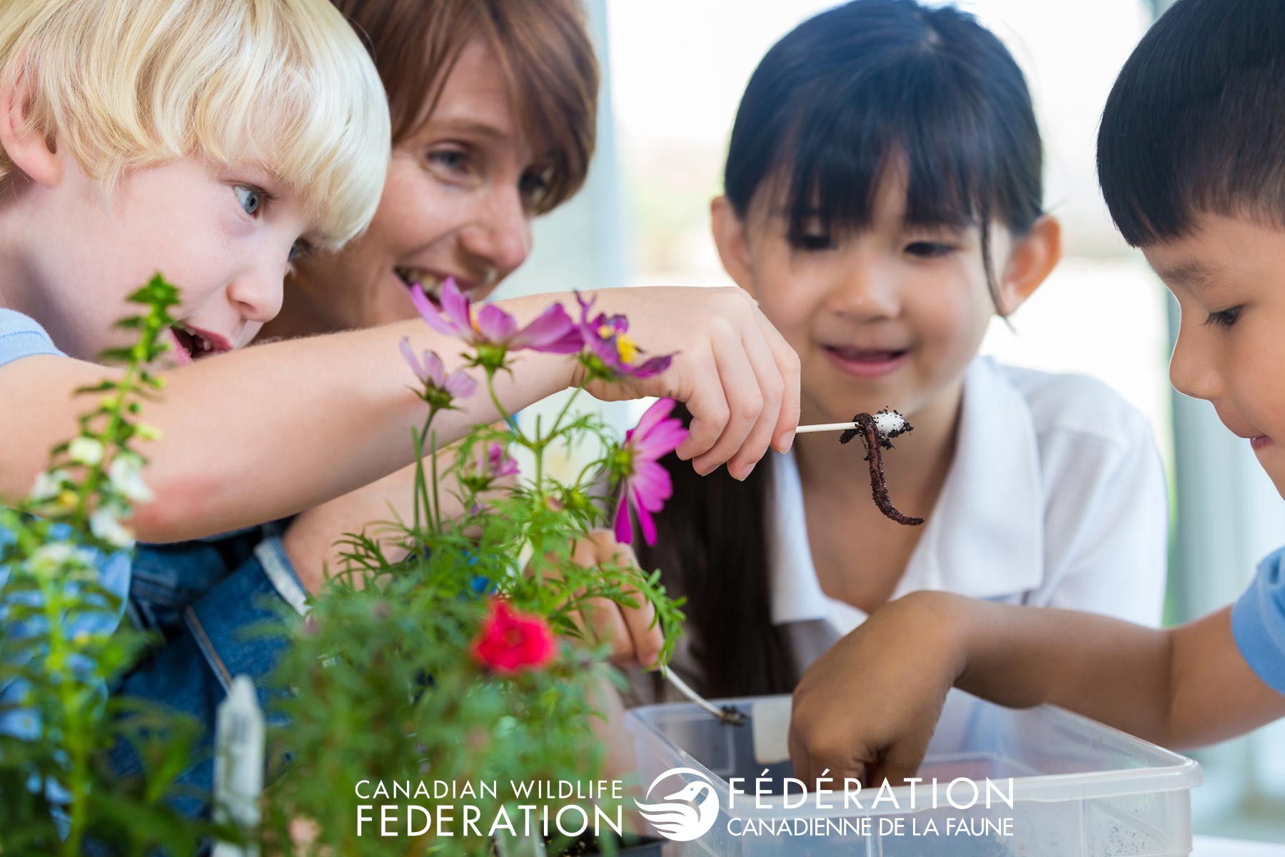 Teacher with kids gardening