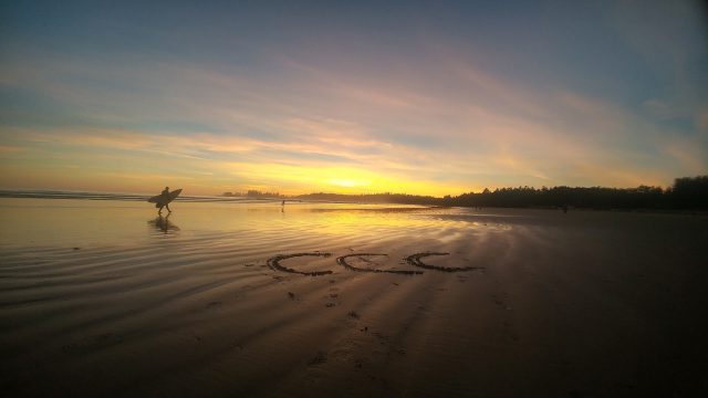 Sunset, Surfer, and CCC on Long beach in Pacific Rim National Park Reserve @Angela Rehhorn