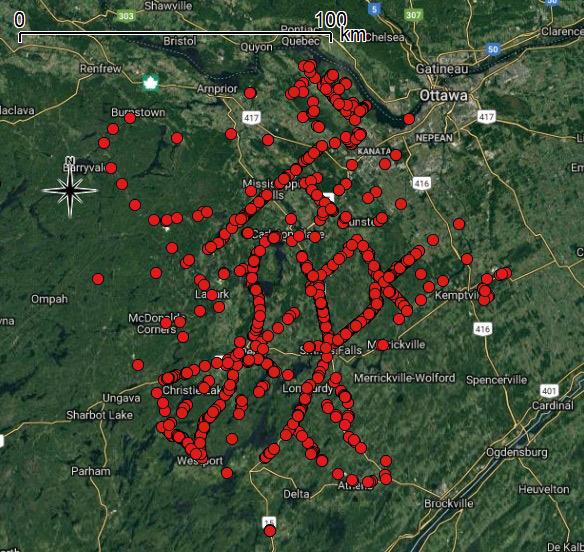 Map of where CWF found over 1,400 dead turtles on roads in eastern Ontario.